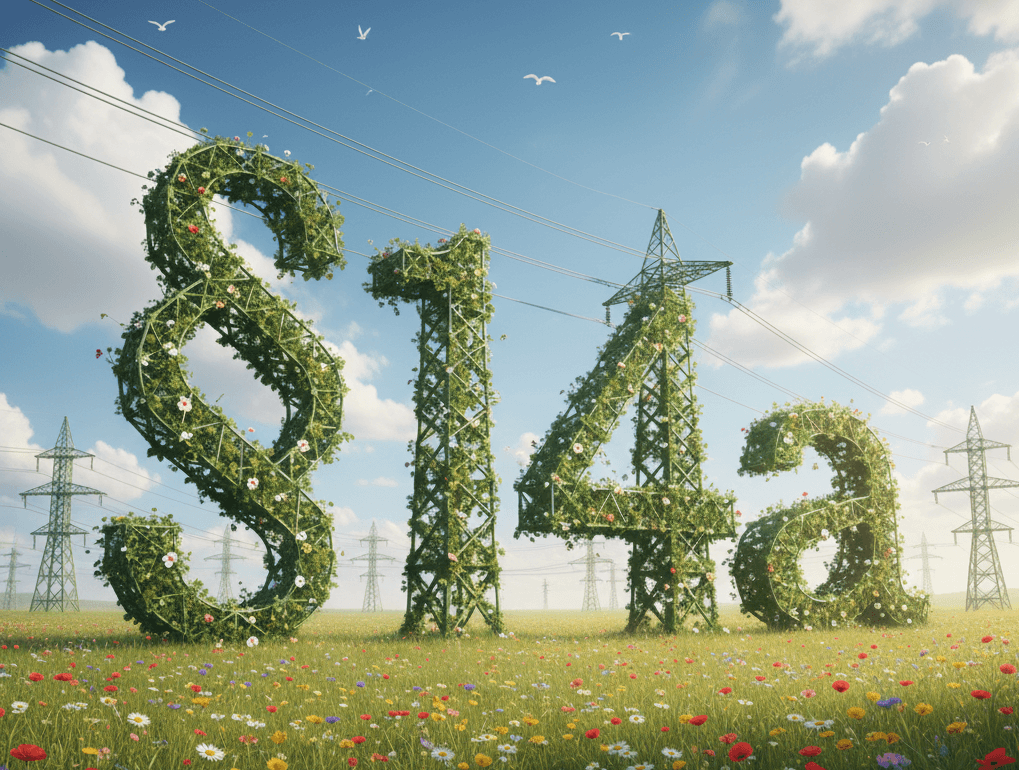 Strommasten in Form des Schriftzugs §14a, die vollständig mit grünen Pflanzen und Blumen bewachsen sind, stehen auf einer sonnigen Blumenwiese unter blauem Himmel als Symbolbild für die nachhaltige Energiewende.